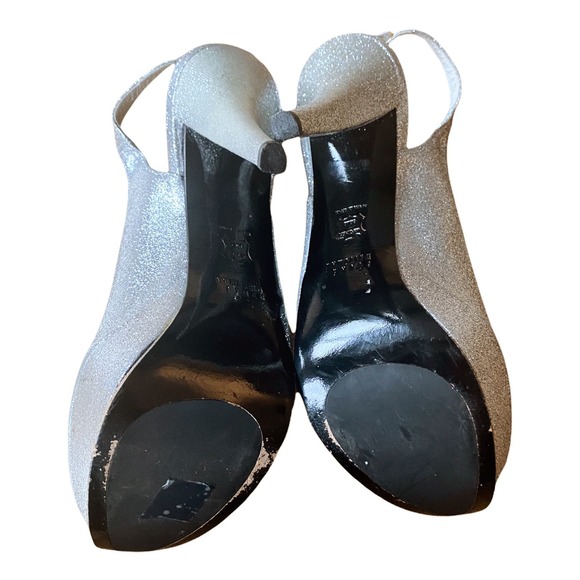 STUART WEITZMAN Pump Vevey Galactic Silver Glitter Peep Toe Spain Leather 8 EUC - Picture 6 of 9